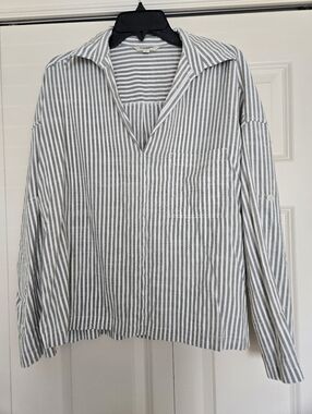 Max Studio London Striped Blouse Olive Cream Lightweight Pullover Top Size M